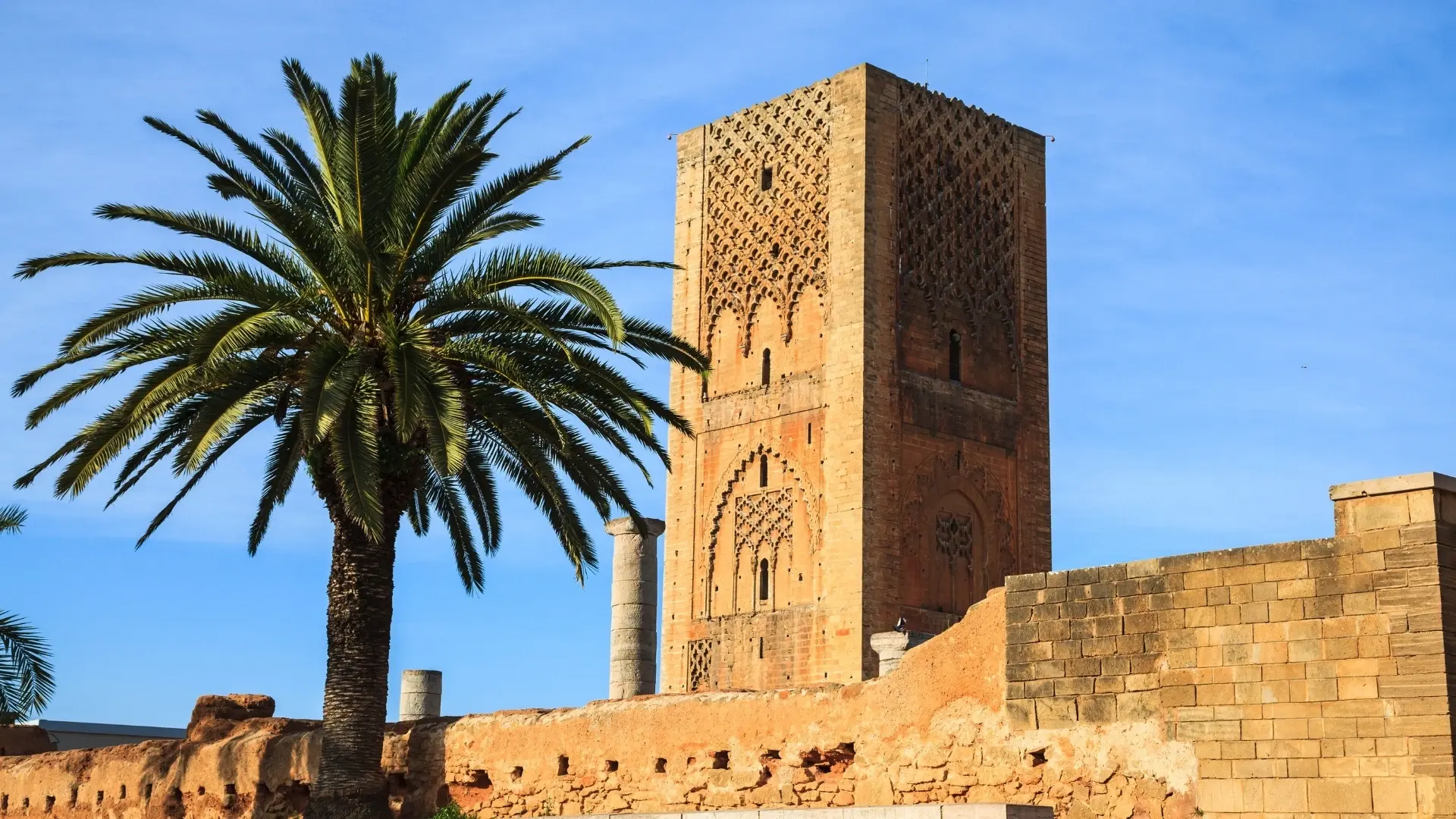 Palmiye ağacı ve tarihî kalıntılar arasında yükselen Rabat Hasan Kulesi